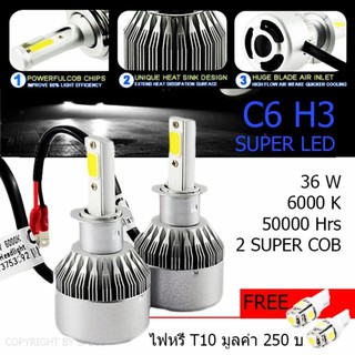 ไฟหน้า Led ขั้ว H3 Cob 36w C6 แสงสีขาว SUPER BRIGHT 6000 K แถมฟรี ไฟหรี่ มูลค่า 250บาท 1 คู่ #120