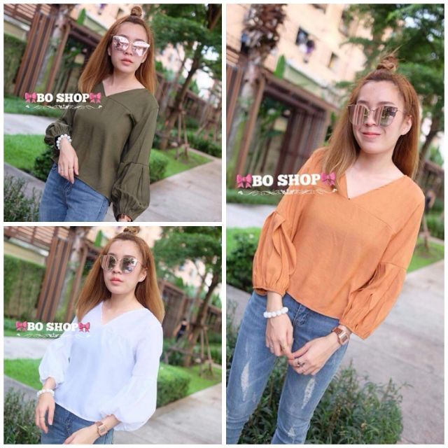 เสื้อคอวีต่อเเขนบอลลูน🔥สีพื้นเรียบหรูดูดี🔥