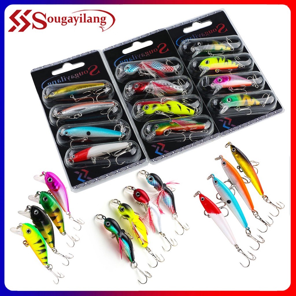 Sougayilang ชุดเหยื่อตกปลา 4 ชิ้น Wobbler เหยื่อตกปลาแบบแข็งป้องกันการกัดกร่อนเบสตะขอเหยื่อตกปลาปลาคาร์พ Lure
