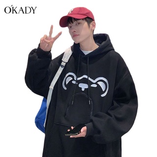 OKADY เสื้อกันหนาวมีฮู้ด ผู้ชายแฟชั่น Hoodie หมีซิปคู่ด้านบนแฟชั่นกระเป๋าออกแบบหลวมสบาย ๆ เสื้อ