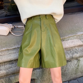 MANSA green wide leg pants PU leather shorts elastic waist กางเกงขากว้างสีเขียวขาสั้นหนัง PU เอวยางยืด