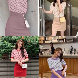 Fashion Set เสื้อไหมพรมแขนสั้น ลายหัวใจ + กระโปรงสั้น สีพื้นเนื้อผ้าไหมพรมเข้าเซท