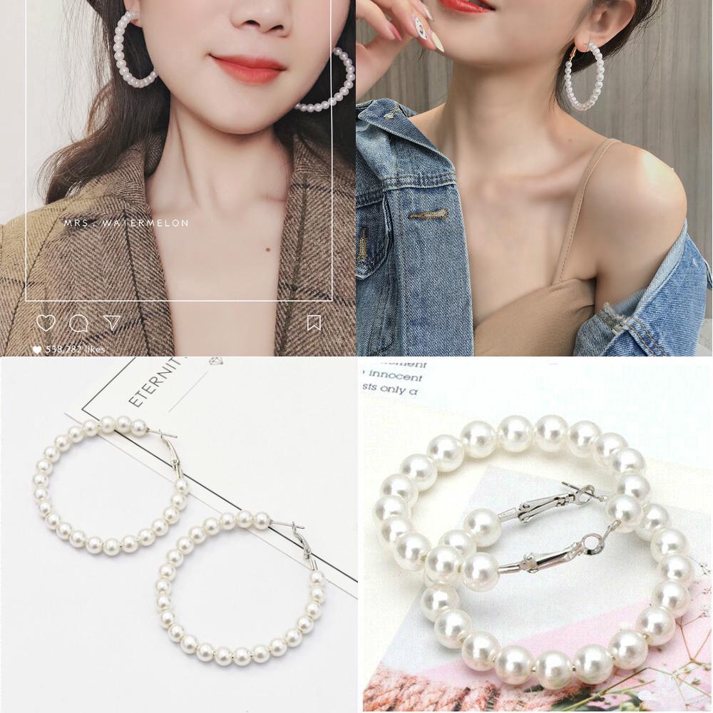 Women Elegant White Pearl Round Circle Hoop Earring Oversize Fashion Jewelry