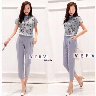 Set 2 ชิ้น เสื้อแขนสั้นคลุมไหล่  พิมพ์ลายนก+ กางเกงทรงเอวสูงขายาว