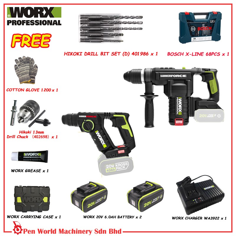 WORX WU399 20V LI-ION BRUSHLESS 26MM ROTARY HAMMER 6.0AH แบตเตอรี่ + WORX WU380S.5 BRUSHLESS ROTARY 