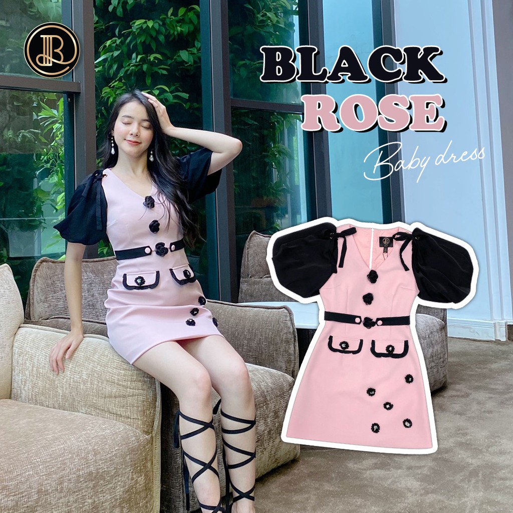 BLT BRAND เสื้อผ้าแบรนด์แท้การันตี มินิเดรส สีชมพูแขนสั้นสีดำ แขนตุ๊กตา ชุดสวยน่ารัก BLACK ROSE