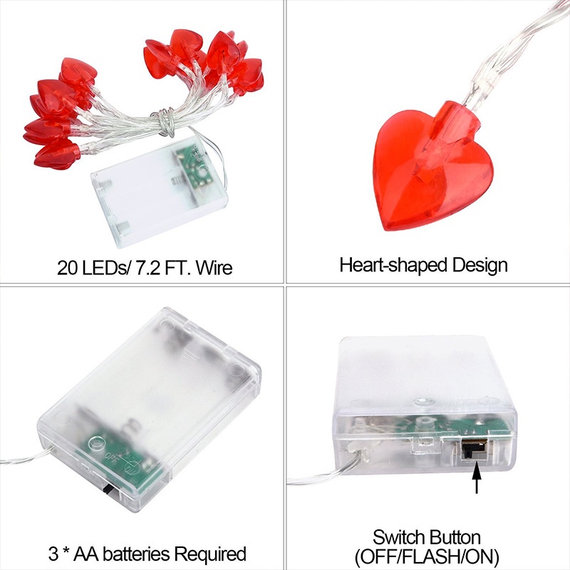 2m Valentine Love Heart-shaped String Lights LED Battery Operated Lamp ...