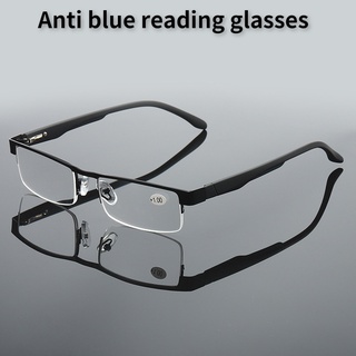 แว่นตาอ่านหนังสือป้องกันแสงสีฟ้าสำหรับผู้ชายวัสดุโลหะครึ่งกรอบ แว่นสายตายาวคุณภาพสูง