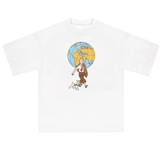 เสื้อยืดแขนสั้น พิมพ์ลายการ์ตูน one man and one dog travel around the world สไตล์วินเทจ แฟชั่นฤดูร้อน สําหรับผู้ชาย และผ