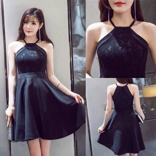 Mini dress คอเต่าลูกไม้กระโปรงบาน (ดำ)