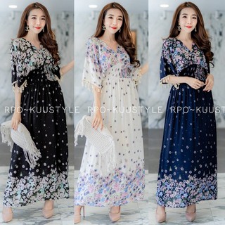 Dress Bigsize #no10 แมกซี่เดรสทรงค้างคาว ลายดอกเล่นเชิง คอวีหน้า-หลัง รุ่นนี้ใส่ได้ทั้งสองด้านคะ