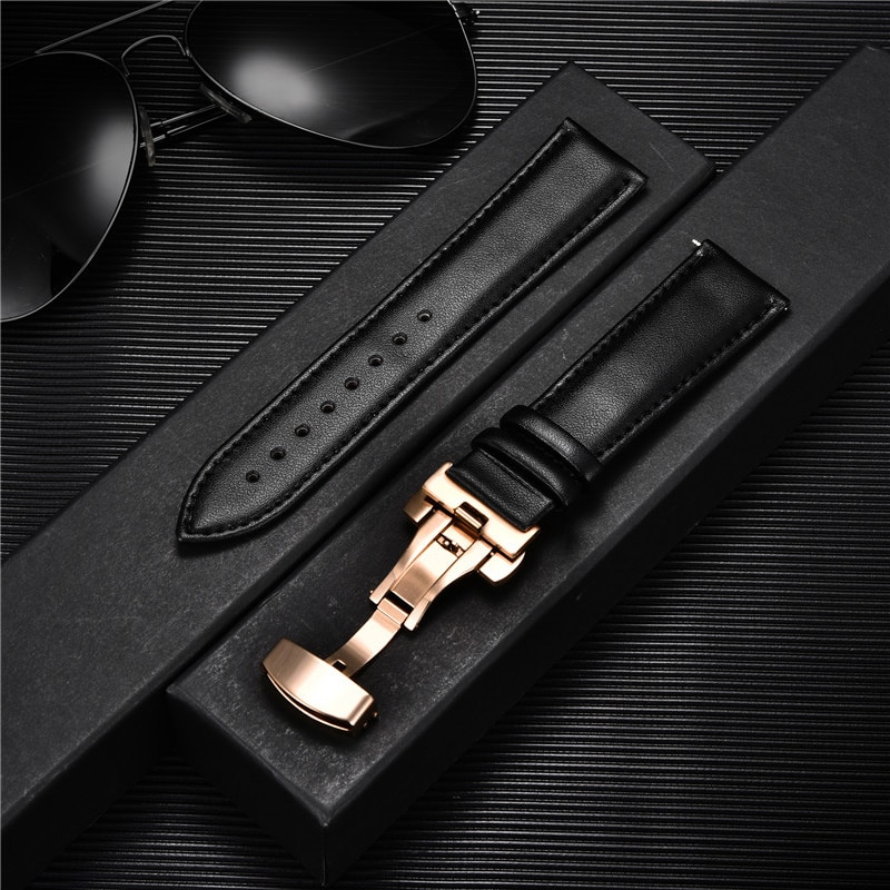 Smooth Genuine Calfskin Leather Watchband 18mm 20mm 22mm Straps with Solid Automatic Butterfly Buckle Business Watch Band
