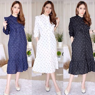 G3324 Dressทรงโอเวอร์ไซส์ Polka dot แต่งระบาย