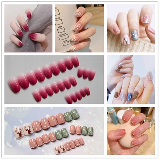 COD เล็บปลอม พร้อมส่งเล็บปลอม ชิ้น แผ่นกาวซิลิโคนo Fake Nail 24Pcs  R011 - 030