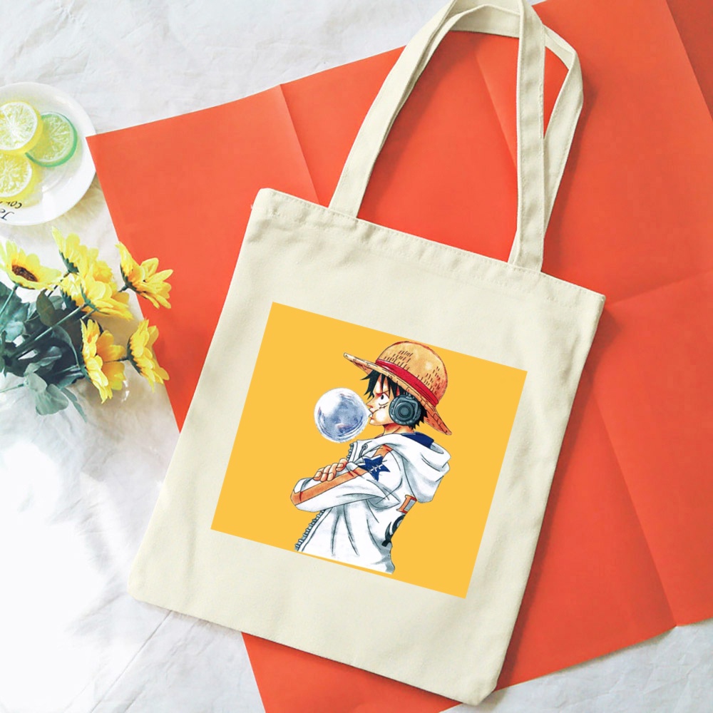 กระเป๋าสะพายไหล่ กระเป๋าช้อปปิ้ง ผ้าแคนวาส พิมพ์ลายนารูโตะ One Piece น่ารัก สไตล์ญี่ปุ่น สําหรับผู้หญิง