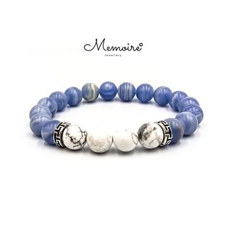 กำไลข้อมือหินแท้ Blue lace Agate + howlite คั่นด้วยอะไหล่สีเงิน ขนาด 8 มิล