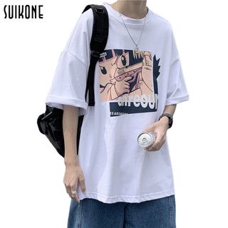 【Hot】Suikone ฤดูร้อนเสื้อยืดผู้ชายนักเรียนคู่แฟชั่นเกาหลีแขนสั้นด้านบนแฟชั่นทุกการแข่งขันรูปแบบการพิมพ์ตัวอักษรแขนสั้น