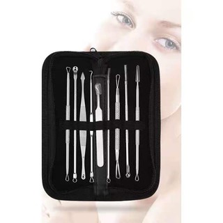 9ชิ้น ที่กดสิว (พร้อมกล่องหนังสีเงิน) อุปกรณ์กดสิว สแตนเลส 9pcs Acne tool beauties