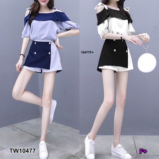 TW10477 Set 2 ชิ้น เสื้อปาดไหล่ระบายผูกไหล่ + กางเกงขาสั้น แต่งป้ายหน้า