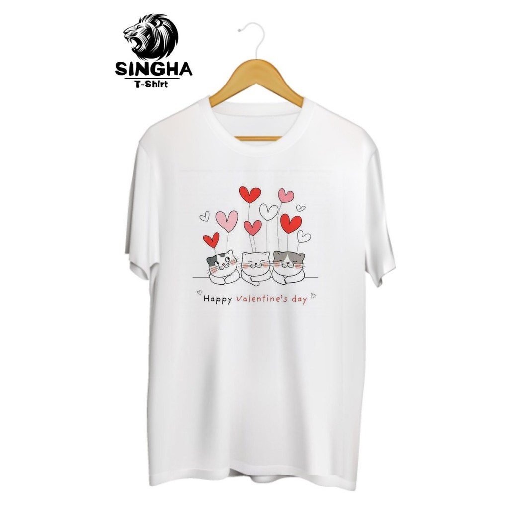 SINGHA T-Shirt Valentine's💕 เสื้อยืดสกรีนลาย แมวหัวใจ3ตัว