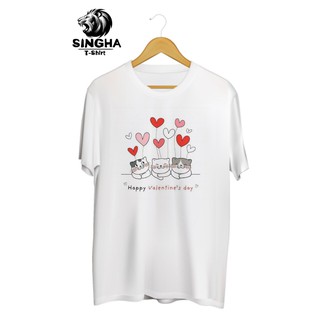 SINGHA T-Shirt Valentines💕 เสื้อยืดสกรีนลาย แมวหัวใจ3ตัว