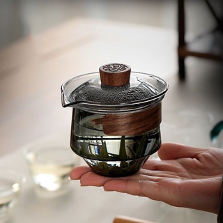 Glass Gaiwan anti-scalding wooden armrest tea making hand grab pot Kung Fu travel Gaiwan tea set one teapot and two cups