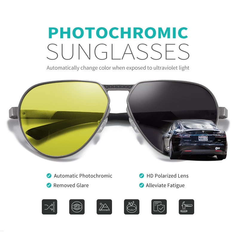 Polarized Photochromic Sunglasses For Men - Al-Mg Metal Frame, Wrap Around Fit-Over Design, UV400 Protection