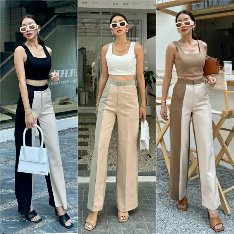 Jolie two-tone pantsพร้อมส่ง2สีรีบเก็บด่วนเพราะสวยและขายดีมากค่า เอวสูงทรงขากระบอกแต่งสีทูโทนบอกเลยป