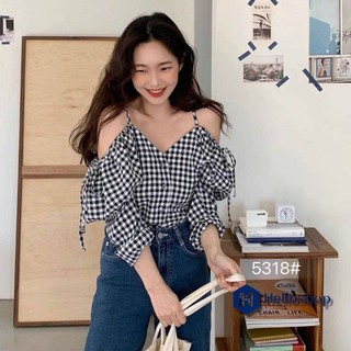 เสื้อลายสก๊อตเล็กๆแขนยาวดีเทลเปิดไหล่