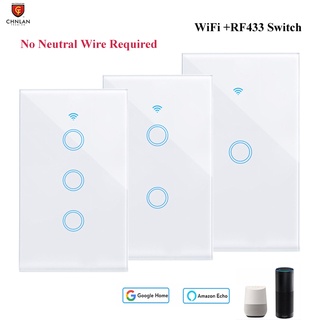 Tuya สวิตช์ไฟอัจฉริยะ WiFi ติดผนัง ไม่ต้องใช้สาย 1/2/3gang +RF433 ฟังก์ชั่นทํางานร่วมกับ Alexa google Home