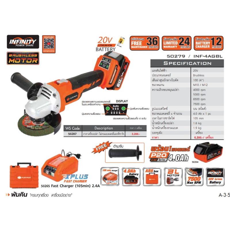 PUMPKIN​ 50279 INF-4AGBL เจียรมือไร้สาย​ ไร้แปรงถ่าน​  4" 20V​ พร้อมแท่นชาร์จ​และแบตเตอรี่ 1 ก้อน เค