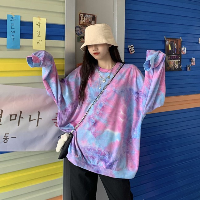 เสื้อยืดคอกลม โอเวอร์ไซส์เกาหลี ฮิปฮอป มัดย้อมสกรีน