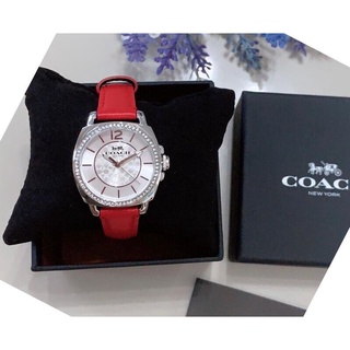 ⌚️⌚️ใหม่สายหนังสีแดงNEW AUTHENTIC COACH BOYFRIEND SILVER RED LEATHER CRYSTALS WOMENS WATCH