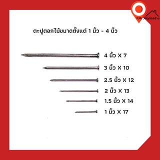 (1กก.) ตะปูตอกไม้  มีขนาดตั้งแต่ 5"x 5, 4"x7, 3"x10, 3”x8, 2.5"x12, 2"x13, 1.5"x14, 1"x16  ตะปูศูนย์ตรงปลายแหลม