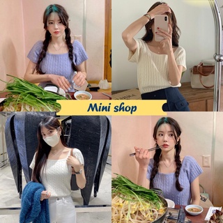 Mini shop🌸พร้อมส่ง🌸 (6798) เสื้อไหมพรมแขนสั้น คอกลม ดีเทลลายเปียกน่ารักเกาหลีๆ -C