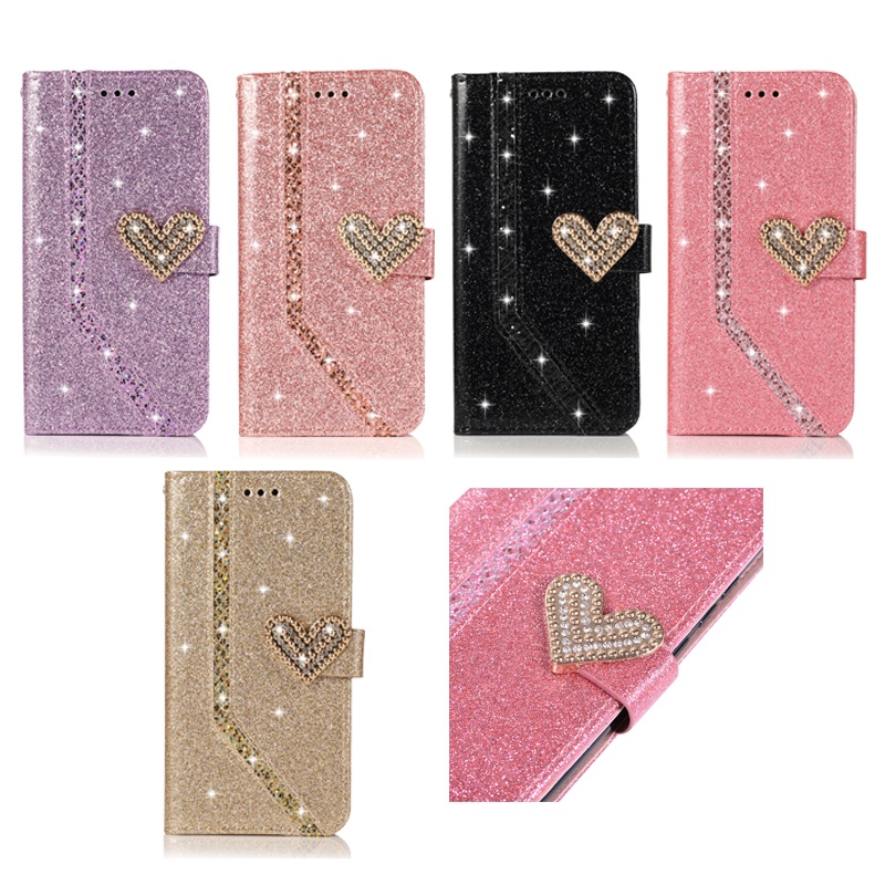 เคสโทรศัพท์หนัง ฝาพับ พร้อมช่องใส่บัตร ลายหัวใจ ประดับเพชร สําหรับ Samsung Galaxy A10 M10 A11 A21 A42 A21S A40 A41 A50 A02s