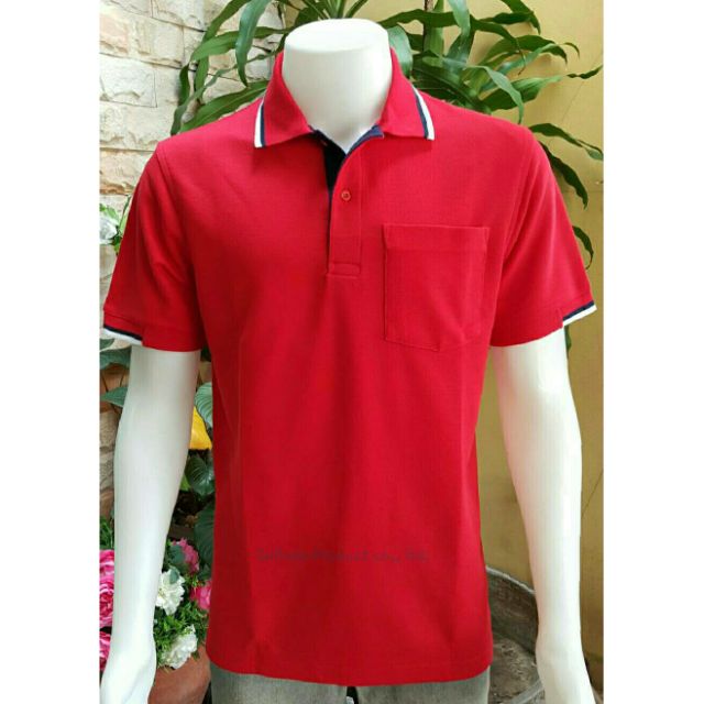 เสื้อโปโลสีพื้น สีแดงสด รุ่น1009 ปลายแขนกึ่งจั้ม มีเสื้อชายและหญิงทรงเว้าเอว(เก็บเงินปลายทางได้)