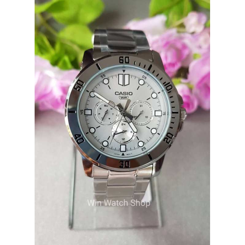 Win Watch shop นาฬิกา Casio รุ่น MTPVD300D7E นาฬิกาผู้ชาย สายแสตนเลสสีเงิน หน้าปัดสีขาว รุ่นใหม่ล่าส