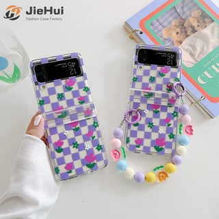 Jiehui เคสโทรศัพท์มือถือ ลายดอกไม้ สามชิ้น สีม่วง พร้อมสายโซ่คล้อง สําหรับ Samsung Z Flip5 Z Flip4 Z Flip3