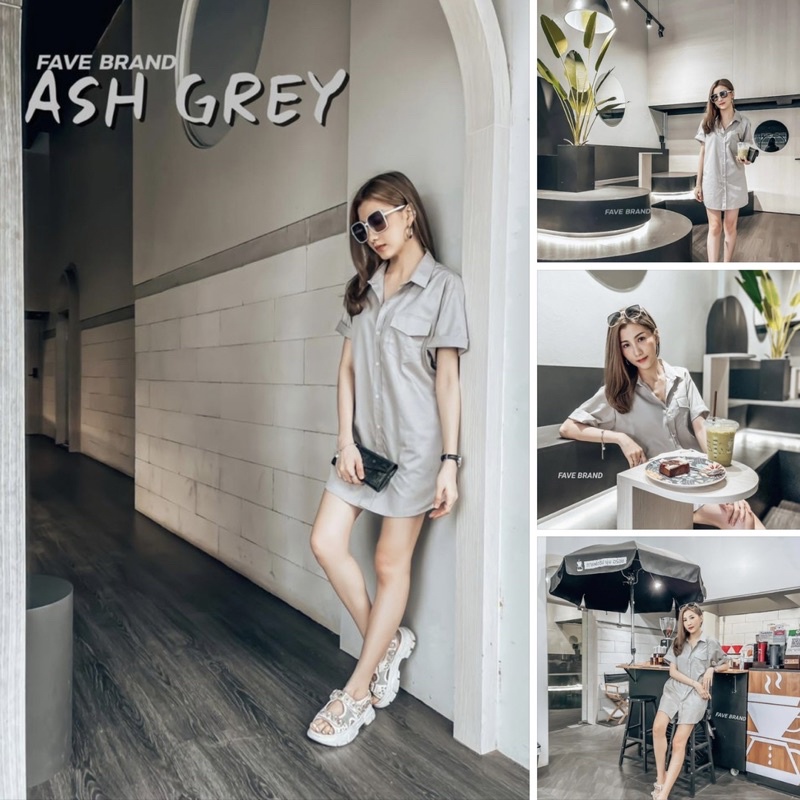 Fave Brand เดรสแขนสั้น สีเทาหม่น ผ้าคอตตอน ฟรีไซส์
