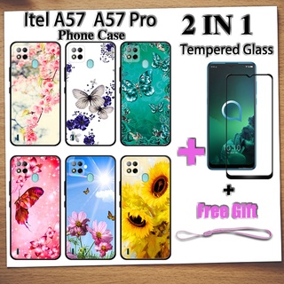 2 IN 1 Itel A57 A57 Pro เคสโทรศัพท์ พร้อมฟิล์มกระจกนิรภัย ลายผีเสื้อ