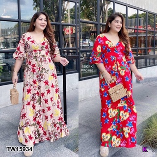 J15934 Dress เดรส #Bigsize ปาดไขว้อกแขนระบายลายดอกไม้ #Bigsize dress, crossed neckline, ruffled sleeves, floral pattern