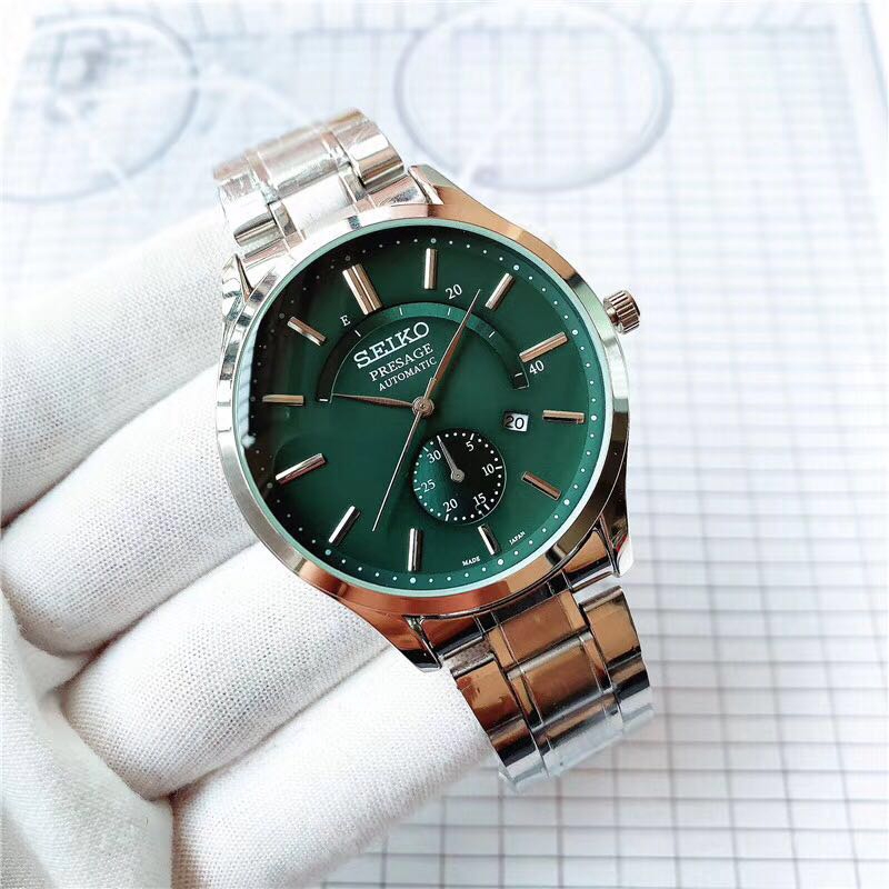 Seiko Emerald Green Calendar นาฬิกาผู้ชายควอตซ์สายเหล็กนาฬิกากันน้ํา BoyFriend