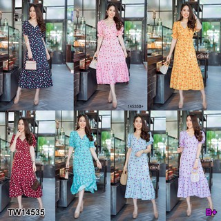 SS14535 Maxi Dress เดรส อกไขว้ แขนตุ๊กตา ลายดอก