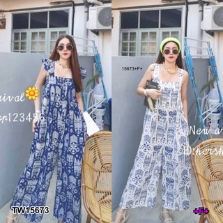 PP15673 Jumpsuit จั้มสูทขายาวพิมลายชนเผ่า + สายผูก