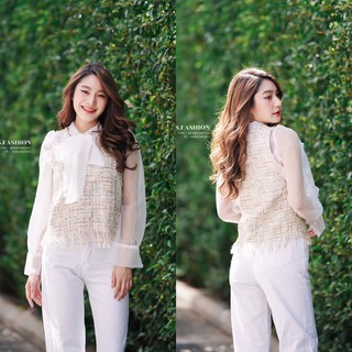 MASS Fashion : เสื้อแขนยาว สีขาว ผูกโบว์หน้า - Top Organza Tweed