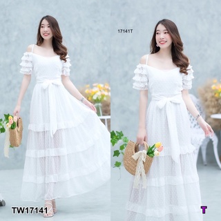 TwinsShopVip💗พร้อมส่ง TW17141 แม็กซี่เดรสสายเดี่ยวเว้าไหล่ผ้ามุ่ง One-shoulder maxi dress