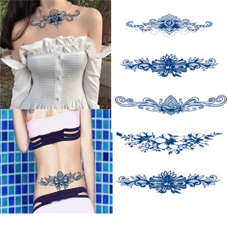 สติกเกอร์รอยสักชั่วคราว ลายดอกไม้ โบว์ น้ําผลไม้ สมุนไพร 15 วัน สีฟ้า