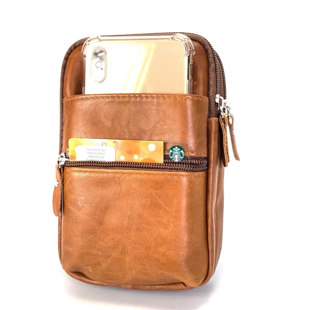 Pak Chinatown leather กระเป๋าหนังแท้ใส่มือถือสีน้ำตาลแทนซิปคู่เข้มiphone6-7-8พลัสได้ 2เครื่องแนวนอน