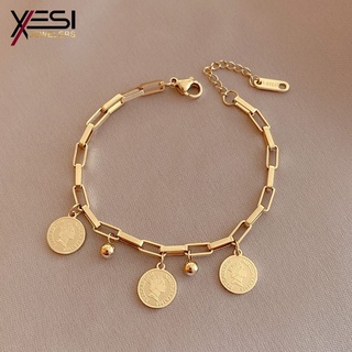 Xesi ใหม่ สร้อยข้อมือโซ่เหล็กไทเทเนียม สีทอง ทรงกลม สไตล์ฮิปฮอป สําหรับผู้ชาย และผู้หญิง